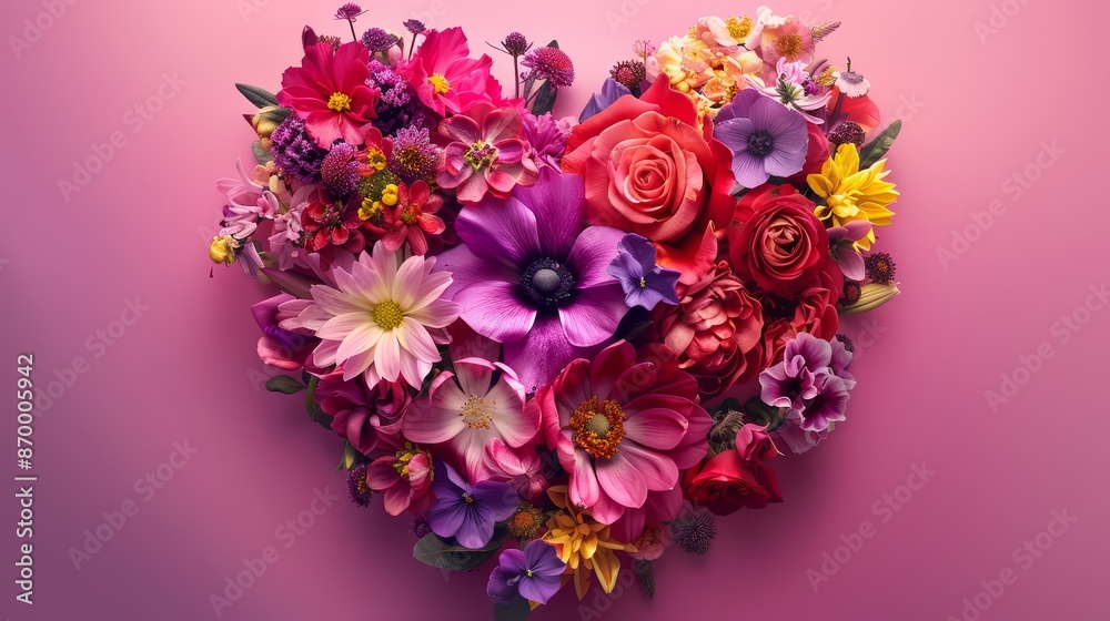 A heart-shaped flower arrangement, with blossoms in various shades of pink, red, yellow, and purple A heart-shaped flower arrangement, with blossoms in various shades of pink, red, yellow, and purple