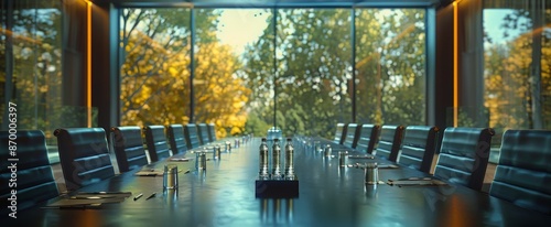 Empty Conference Room With Large Windows and Autumn Trees