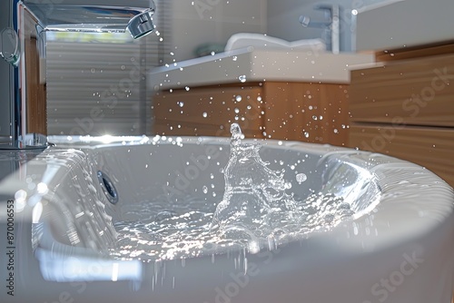 A sink is filled with water and a small splash of water is falling out of the faucet photo