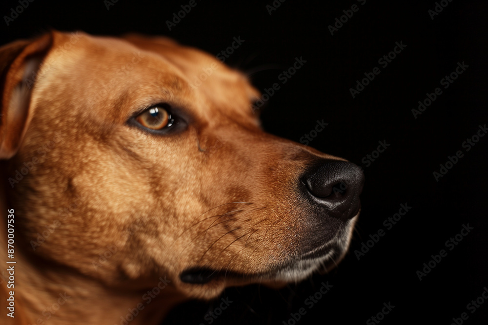 Dog side profile with brown fur on a dark background showing alert expression
