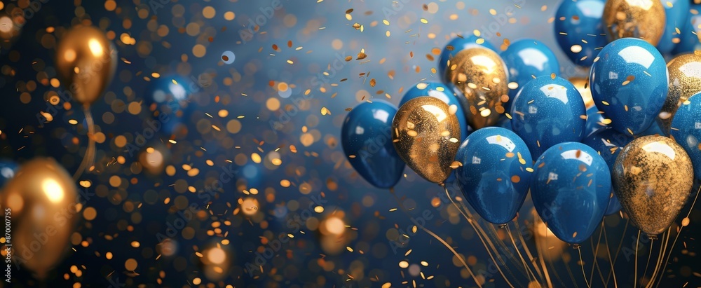 Blue and Gold Balloons Floating in a Confetti-Filled Sky Blue and Gold Balloons Floating in a Confetti-Filled Sky