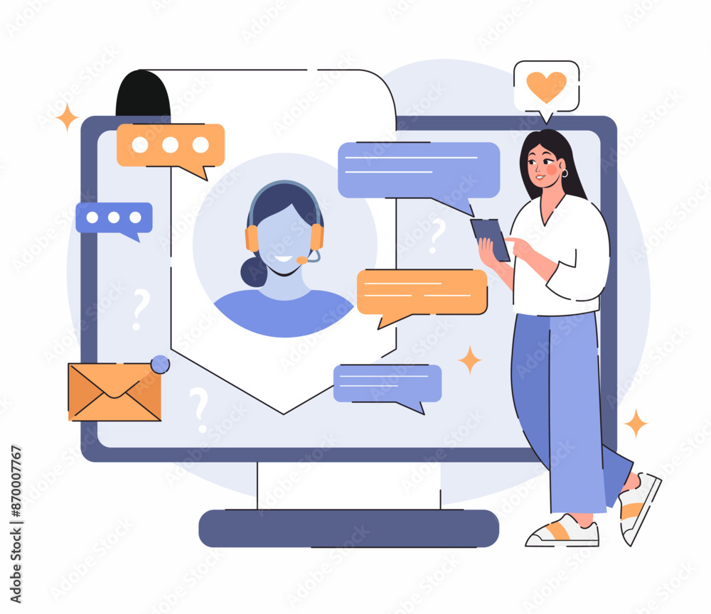 Consumer support concept. A woman advises clients and solves problems. Online customer service. Vector flat illustration.