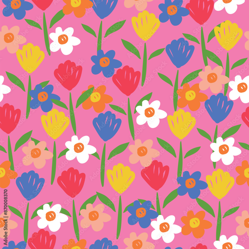 Summer seamless bright background with hand drawn flowers on pink background. Summer seamless bright background with hand drawn flowers on pink background.