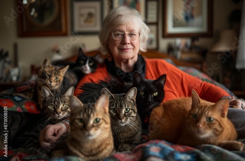 Senior woman with multiple cats