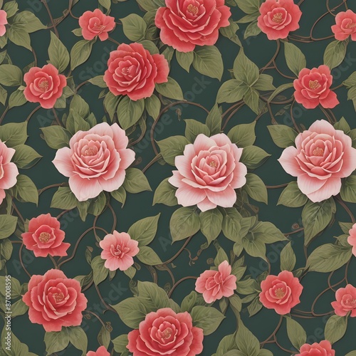 An exquisite illustration showcasing a pattern of vibrant pink roses interwoven with golden vines and lush green leaves against a dark green background