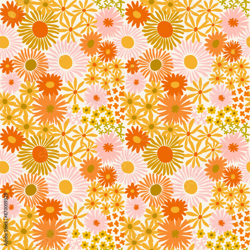 Wallpaper Mural Colorful cute floral seamless pattern. Vector meadow background with various groovy flowers. Summer abstract wallpaper. Yellow, golden, orange, pink colour palette. Torontodigital.ca