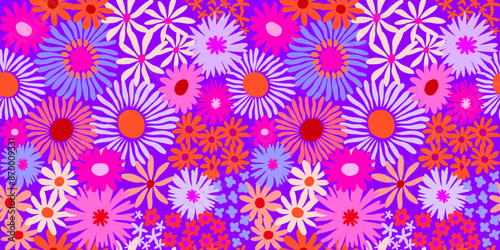Colorful cute floral seamless pattern. Vector meadow background with various groovy flowers. Summer abstract wallpaper. Pink, purple, orange, blue, lilac, magenta palette.