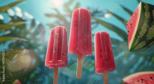 Four Watermelon Popsicles on Sticks With Green Leaves and Pink Background
