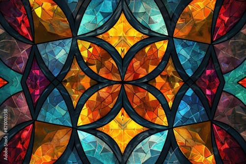 Multicolored symmetrical geometric pattern in stained glass style. On black. Computer generated graphics.