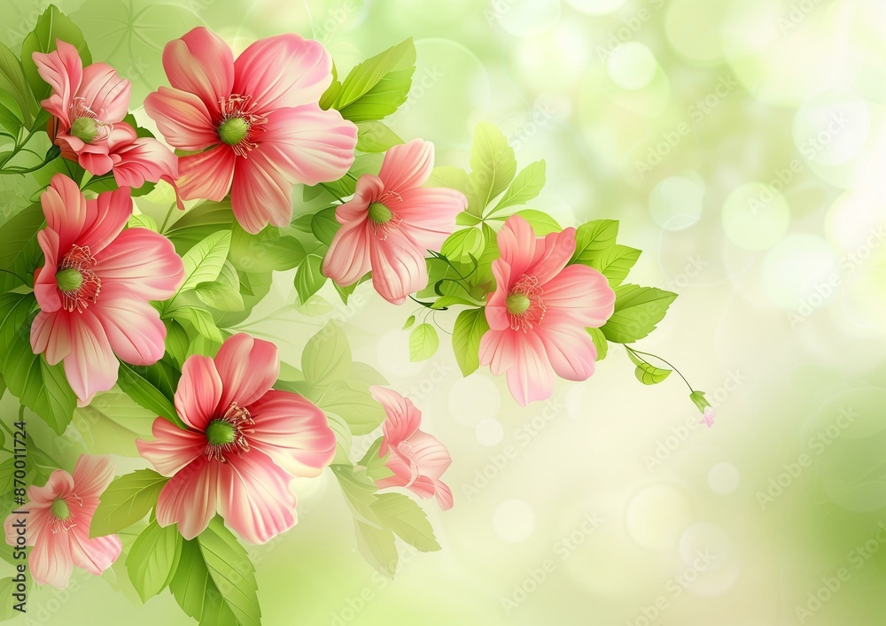 Beautiful Floral Illustration with Pink Flowers and Green Leaves on Soft Light Background Beautiful Floral Illustration with Pink Flowers and Green Leaves on Soft Light Background