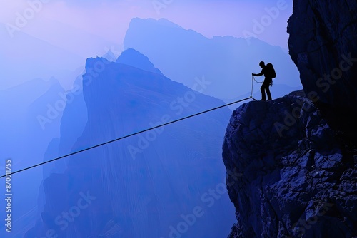 A man is walking on a rope across a mountain. The rope is blue and the sky is blue