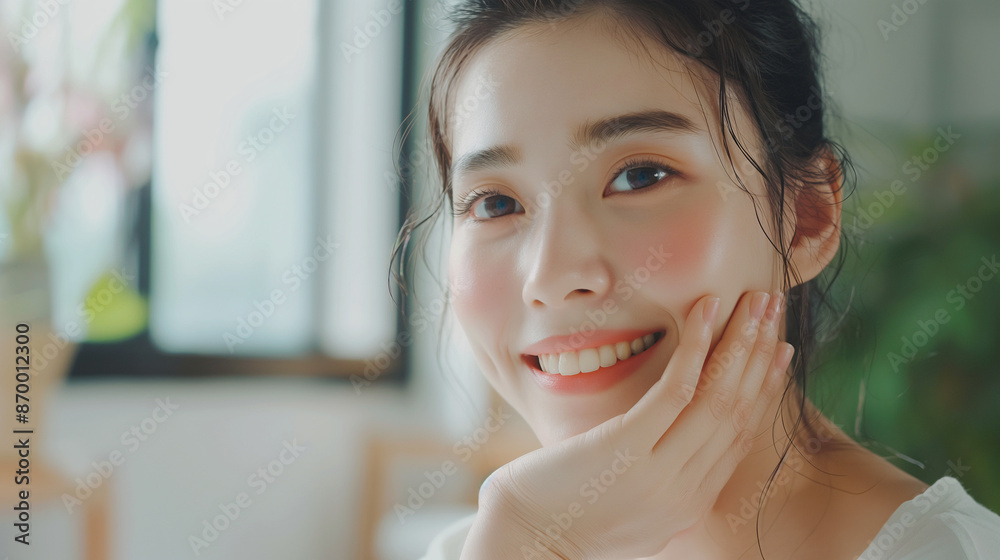 Facial beauty skin health care, smile of cute asian young woman looking at mirror, hand applying moisturizer lotion on her face, female putting cream treatment before makeup cosmetic routine at home Facial beauty skin health care, smile of cute asian young woman looking at mirror, hand applying moisturizer lotion on her face, female putting cream treatment before makeup cosmetic routine at home
