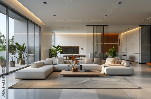 Modern Sectional Sofa in Spacious Living Room With City View and Glass Doors