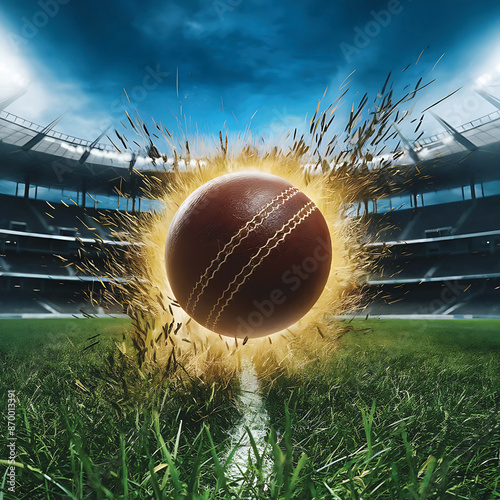 Closeup of Cricket equipment ball on green grass at the cricket field The tools for a cricke on grass background. Soft  and selective focus  photo