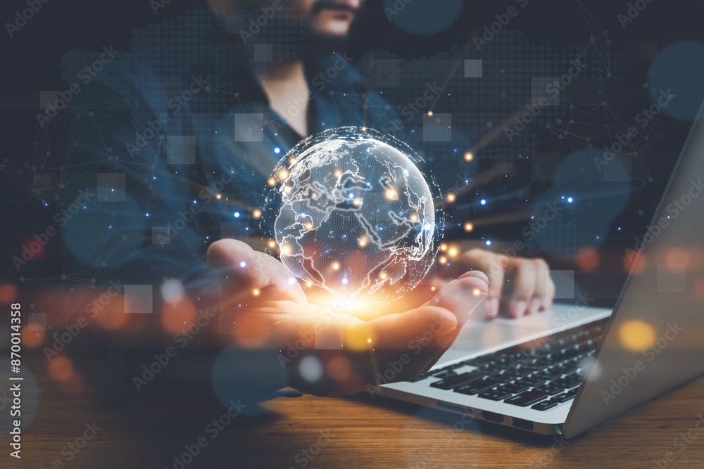 businessman holding Global network connection. Big data analytics and business intelligence concept. World map point and line composition concept of global business.Digital link tech.