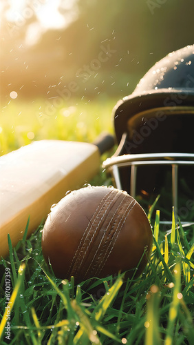 Closeup of Cricket equipment ball halmet on green grass at the cricket field The tools for a cricke on grass background. Soft  and selective focus dew drop photo