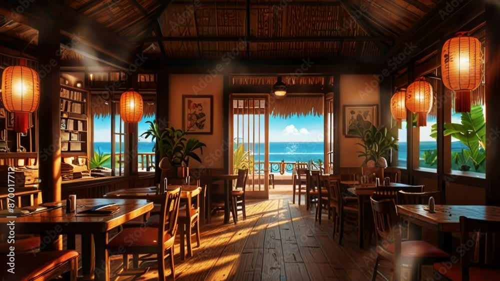Mandarin style restaurant interior with beach background, in a smooth looping background with 4K video animation. Mandarin style restaurant interior with beach background, in a smooth looping background with 4K video animation.