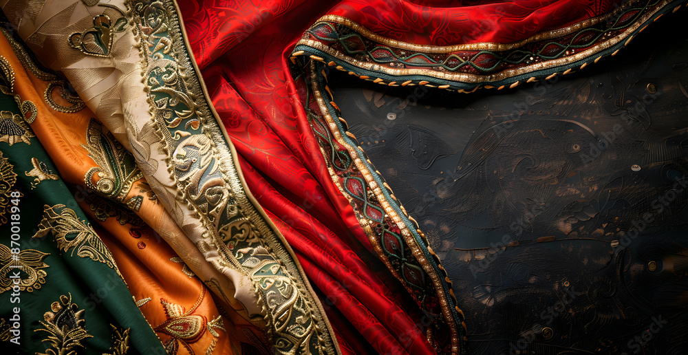 A colorful piece of fabric with gold and silver designs A colorful piece of fabric with gold and silver designs