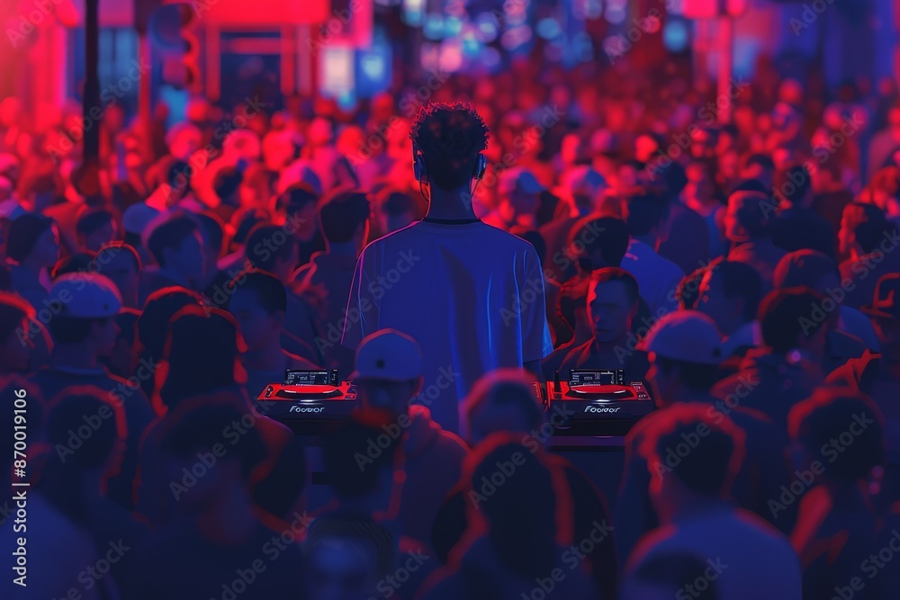 DJ performing in a crowded event with vibrant lights and high energy atmosphere DJ performing in a crowded event with vibrant lights and high energy atmosphere