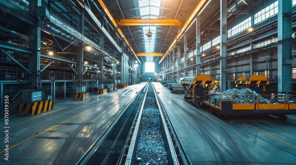 A modern recycling facility with machinery sorting recyclable materials. Wide-angle shot, bright daylight with a clean, industrial look, space on the right for text A modern recycling facility with machinery sorting recyclable materials. Wide-angle shot, bright daylight with a clean, industrial look, space on the right for text