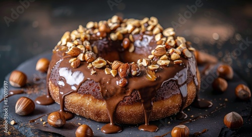 Chocolate Glazed Donut With Hazelnut Topping