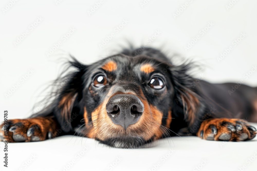 Dachshund with black and brown coat, lying on its back with a cute expression Dachshund with black and brown coat, lying on its back with a cute expression