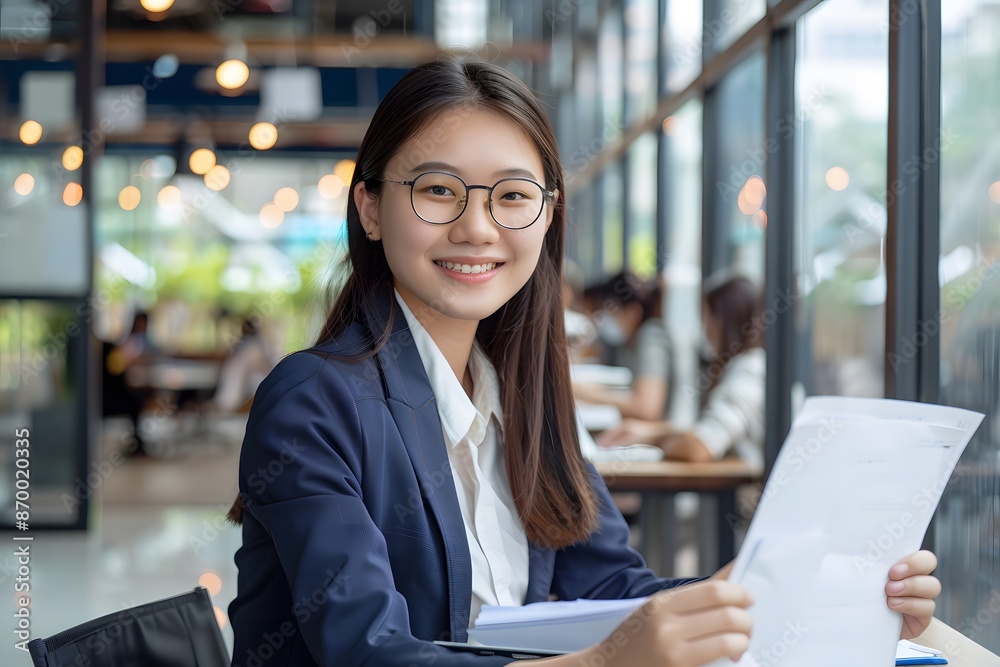 Smiling Asian Businesswoman with Documents and Laptop in Office Smiling Asian Businesswoman with Documents and Laptop in Office