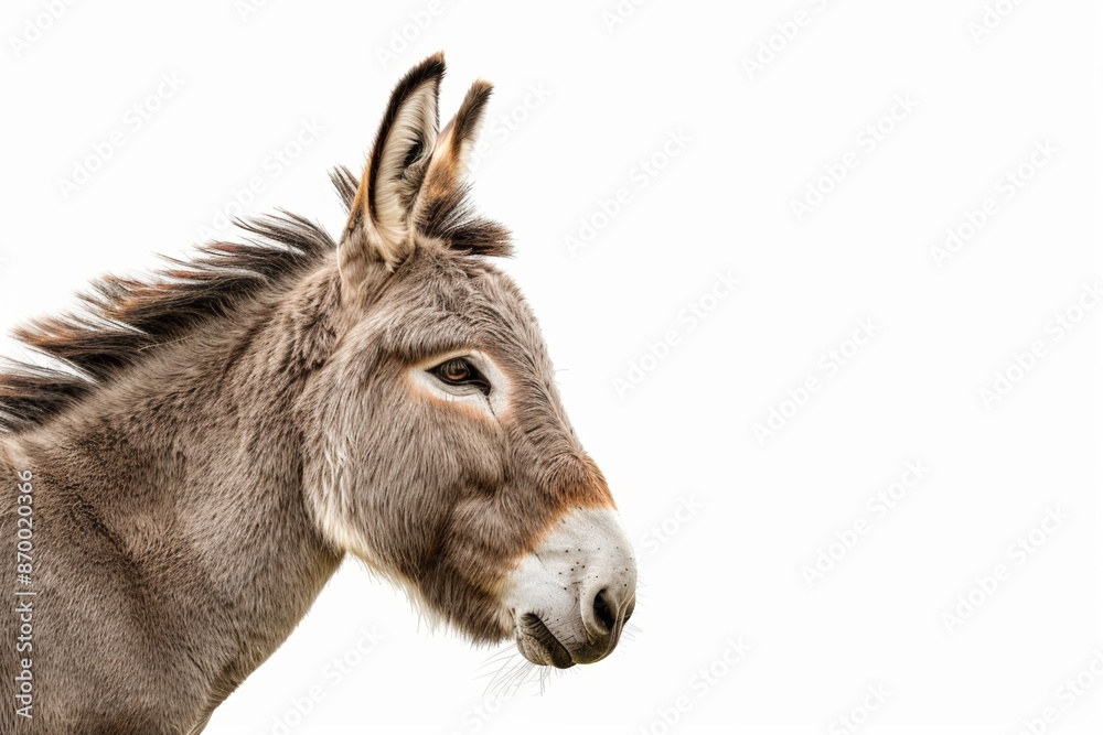 Donkey with gray coat, looking in profile, isolated on a white background, minimalistic composition Donkey with gray coat, looking in profile, isolated on a white background, minimalistic composition