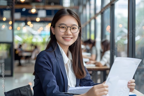 Smiling Asian Businesswoman with Documents and Laptop in Office