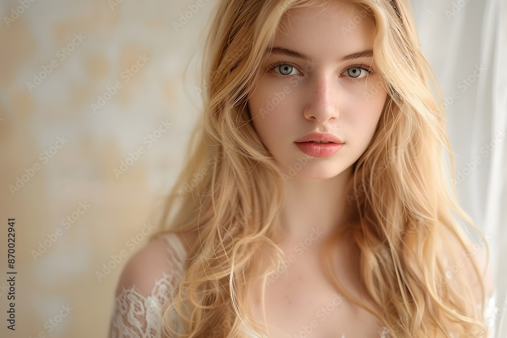 A Beautiful Blonde in Soft Light and White Dress