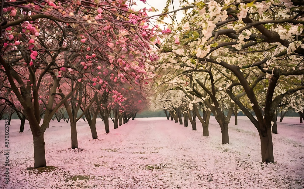 An orchard in full bloom during springtime, with rows of fruit trees covered in pink and white blossoms. The ground is carpeted with fallen petals, creating a dreamy atmosphere An orchard in full bloom during springtime, with rows of fruit trees covered in pink and white blossoms. The ground is carpeted with fallen petals, creating a dreamy atmosphere