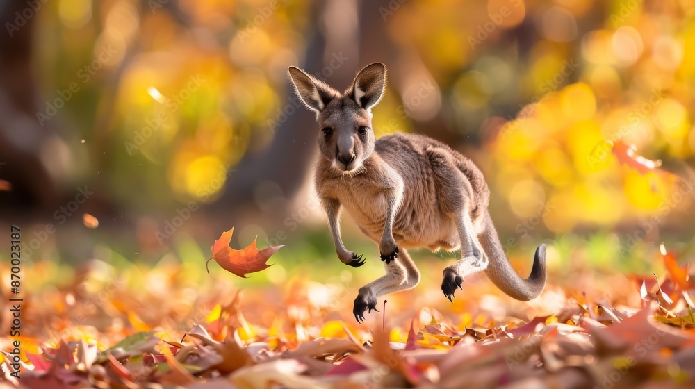 A cute baby kangaroo, joey peering out of pouch, hopping mid-air into a pile of autumn leaves under a canopy of vibrant trees A cute baby kangaroo, joey peering out of pouch, hopping mid-air into a pile of autumn leaves under a canopy of vibrant trees