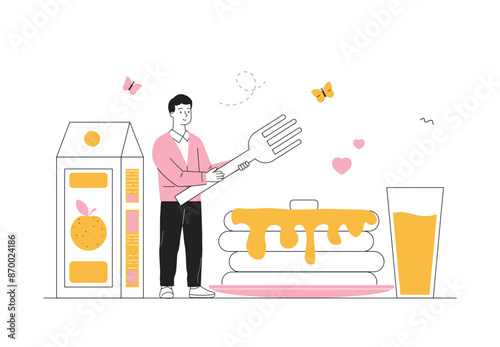 Man with breakfast. Young guy with fork near pancakes with jam and fruit juice. Healthy eating, proper nutrition and diet. Morning food. Linear vector illustration