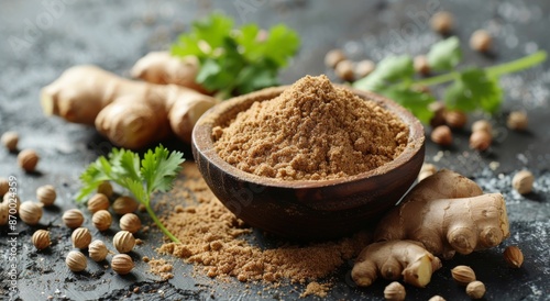 Ground Ginger, Coriander Seeds, and Fresh Parsley on Black Surface