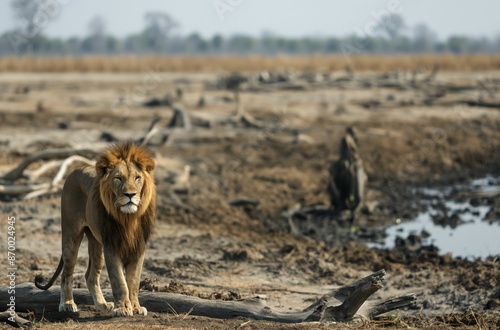 Majestic lion standing in dry riverbed