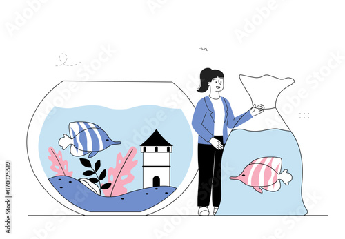 Woman buys fish. Young girl carries package of water and pets to aquarium. Owner with cute fishes. Person in pet store or shop. Linear vector illustration