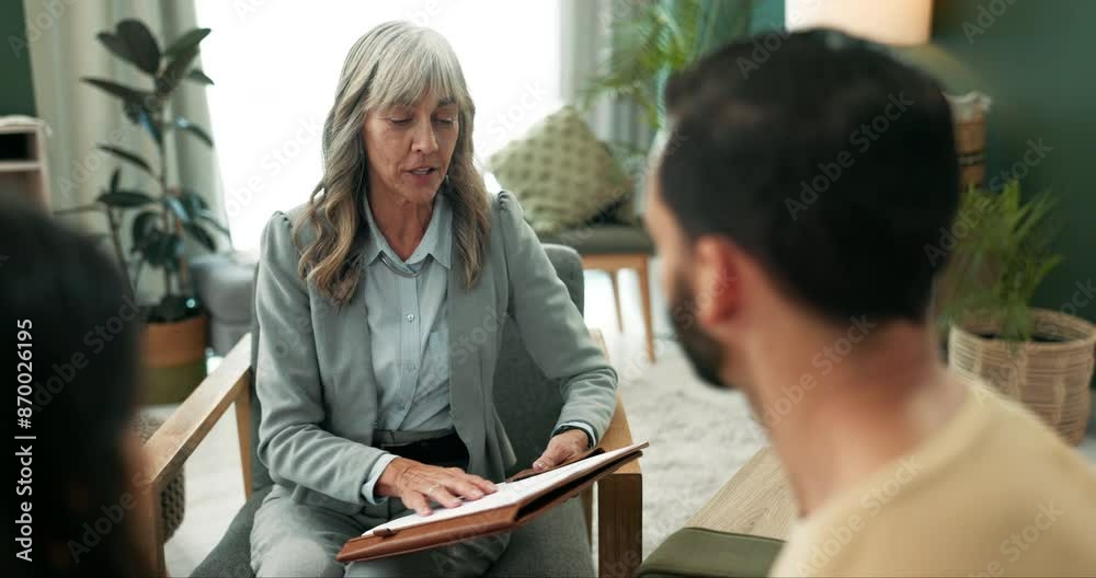Couple, counseling and therapist with notes, talk and help in office for marriage. Therapy, life insurance and discussion of woman consultant with support, care and check at clinic with paperwork