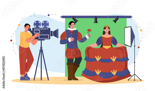 Cameraman shooting film. Camera operator films actors. Film and TV series production. Cinema and movie industry. People in studio. Cartoon vector illustration