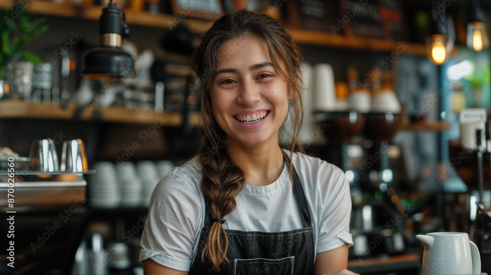 Portrait of a cute, smiling barista in a coffee shop. White t-shirt and black apron. Long brown hair in a braid. Portrait of a cute, smiling barista in a coffee shop. White t-shirt and black apron. Long brown hair in a braid.