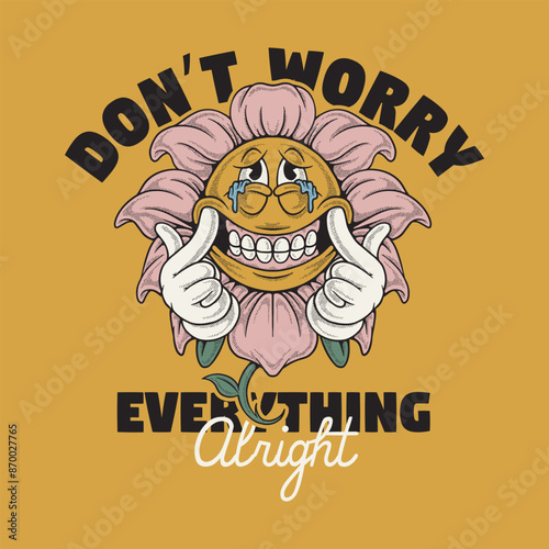 retro cartoon emblem of flower making fake smile