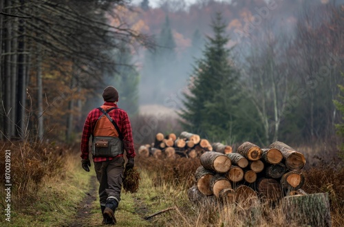 Lumberjack walking through forest with logs