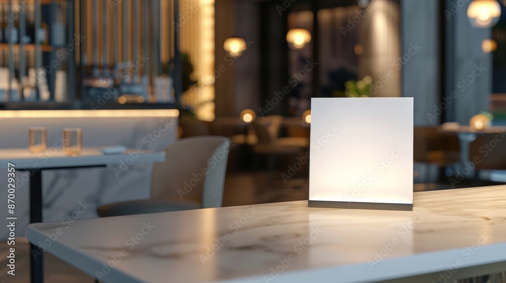 Minimalist white menu card on a sleek marble reception counter in an elegant restaurant with cozy, soft lighting
