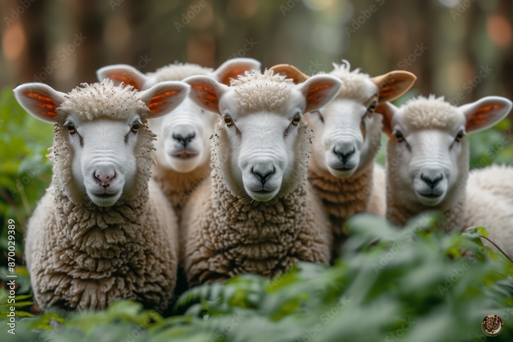 A Group of Sheep Looking Directly at the Camera in a Forest Setting A Group of Sheep Looking Directly at the Camera in a Forest Setting