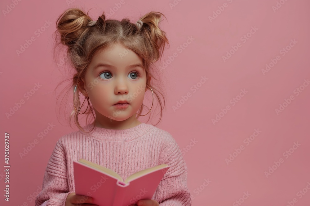Enthusiastic Young Girl Reading Book on Pink Background Enthusiastic Young Girl Reading Book on Pink Background