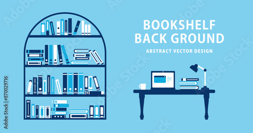 本棚とパソコンある背景イラスト _( ベクター 素材 シンプル フラット デザイン 勉強 スキルアップ 読書 作業 配色 青 爽やか )