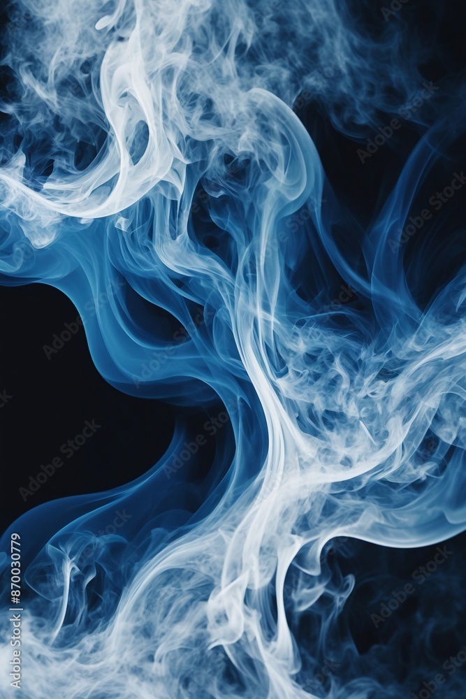 Photograph capturing the mesmerizing dance of cerulean smoke tendrils against a canvas of midnight black. Blue smoke swirls and billows against a black background. Photograph capturing the mesmerizing dance of cerulean smoke tendrils against a canvas of midnight black. Blue smoke swirls and billows against a black background.