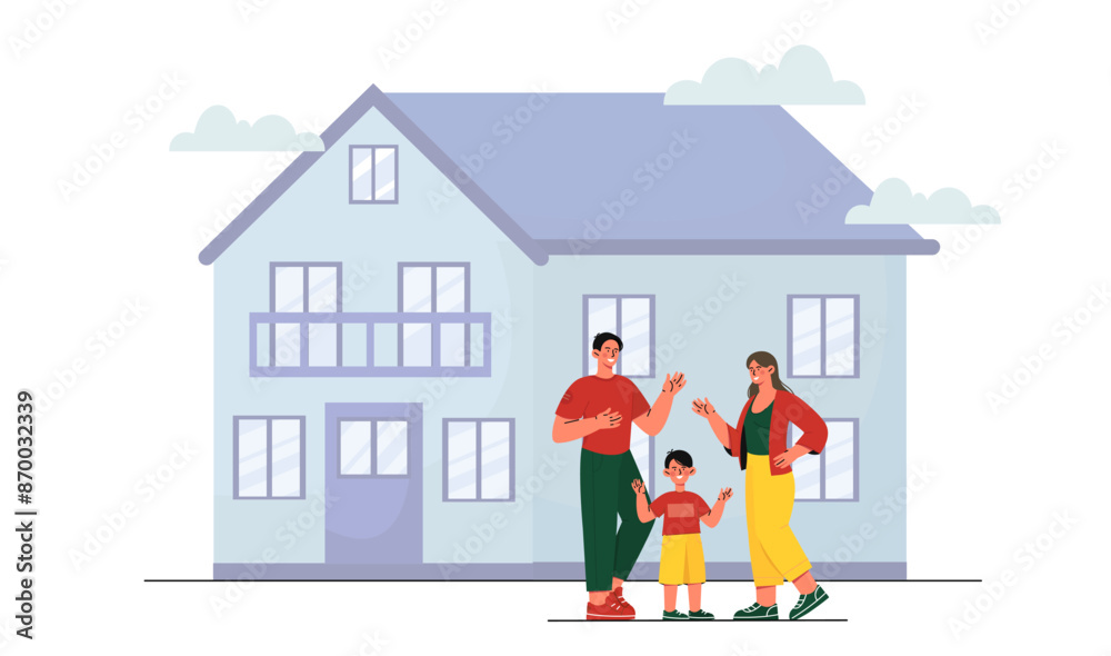 Family near house concept. Man and woman with child standing near cottage or townhouse. Relocation and migration. People with real estate and private property. Cartoon vector illustration Family near house concept. Man and woman with child standing near cottage or townhouse. Relocation and migration. People with real estate and private property. Cartoon vector illustration