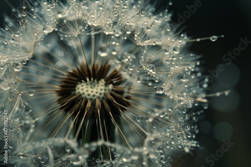 Close-up of a dandelion with water droplets, dark background © InfiniteStudio