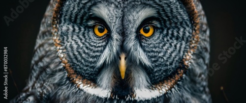 Close-Up Portrait of a Gray Owl With Bright Yellow Eyes