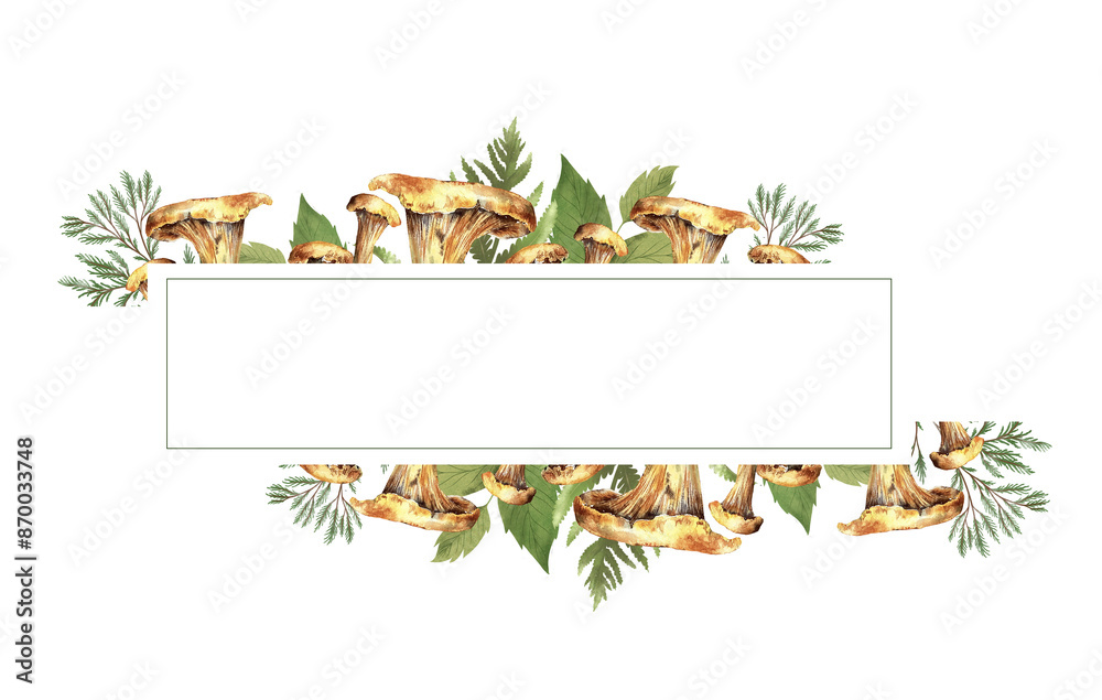 Fototapeta premium Autumn fall frame template with mushrooms, chanterelle, acorns and leaves. Autumn watercolor banner isolated white background cartoon style.